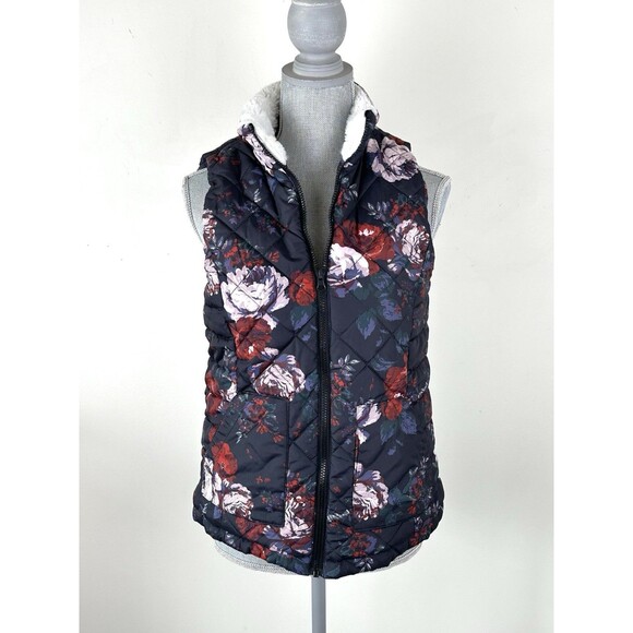 Maurice’s Womens Faux Fur Lined Puffer Vest Zip Up Floral Navy Blue SZ S Cozy - Picture 1 of 10